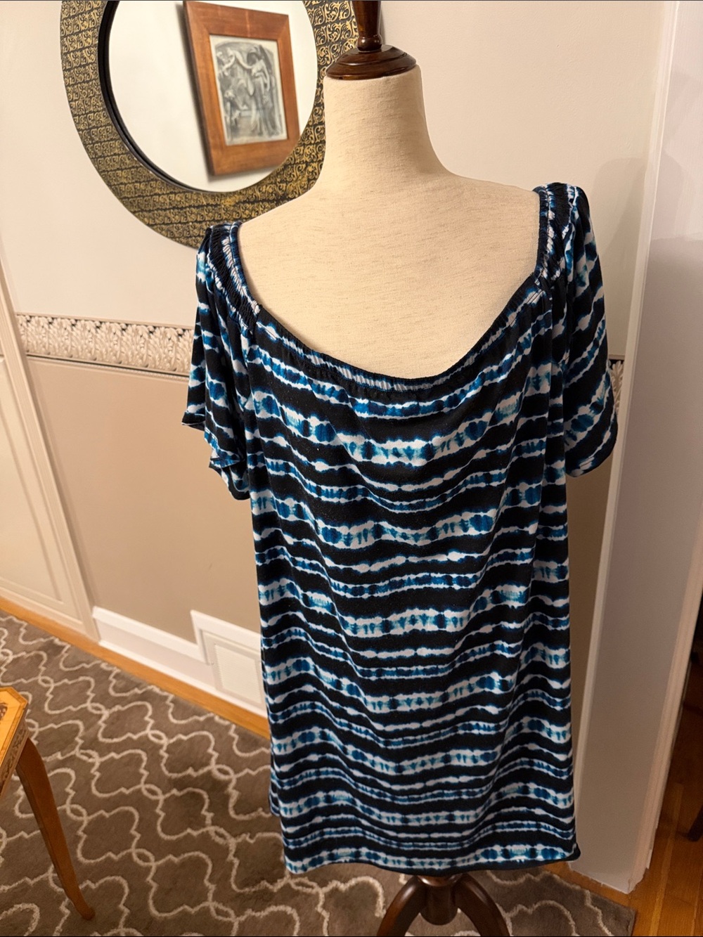 Women’s Blue Tie-Dye Swim Cover-Up Tunic off shoulder would fit x large -3x